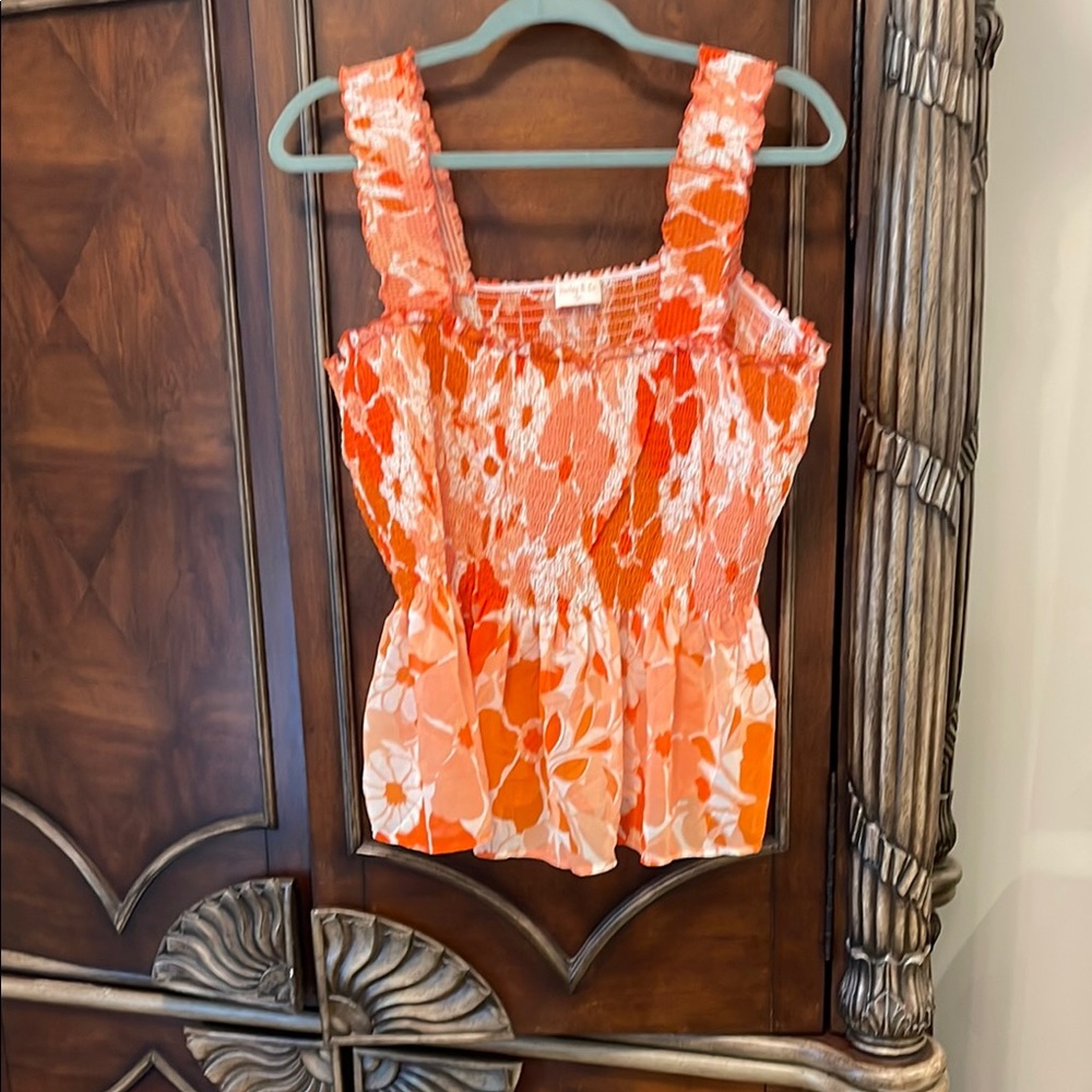 Orange and White Smocked Sleeveless Tank Top